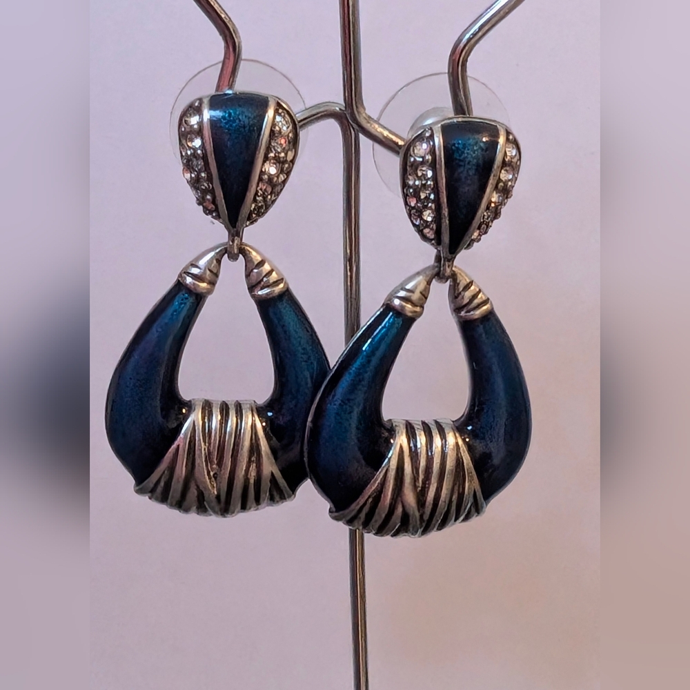 Vintage Signed BUTLER FAC Blue Enamel & Rhinestone Door Knocker Earrings